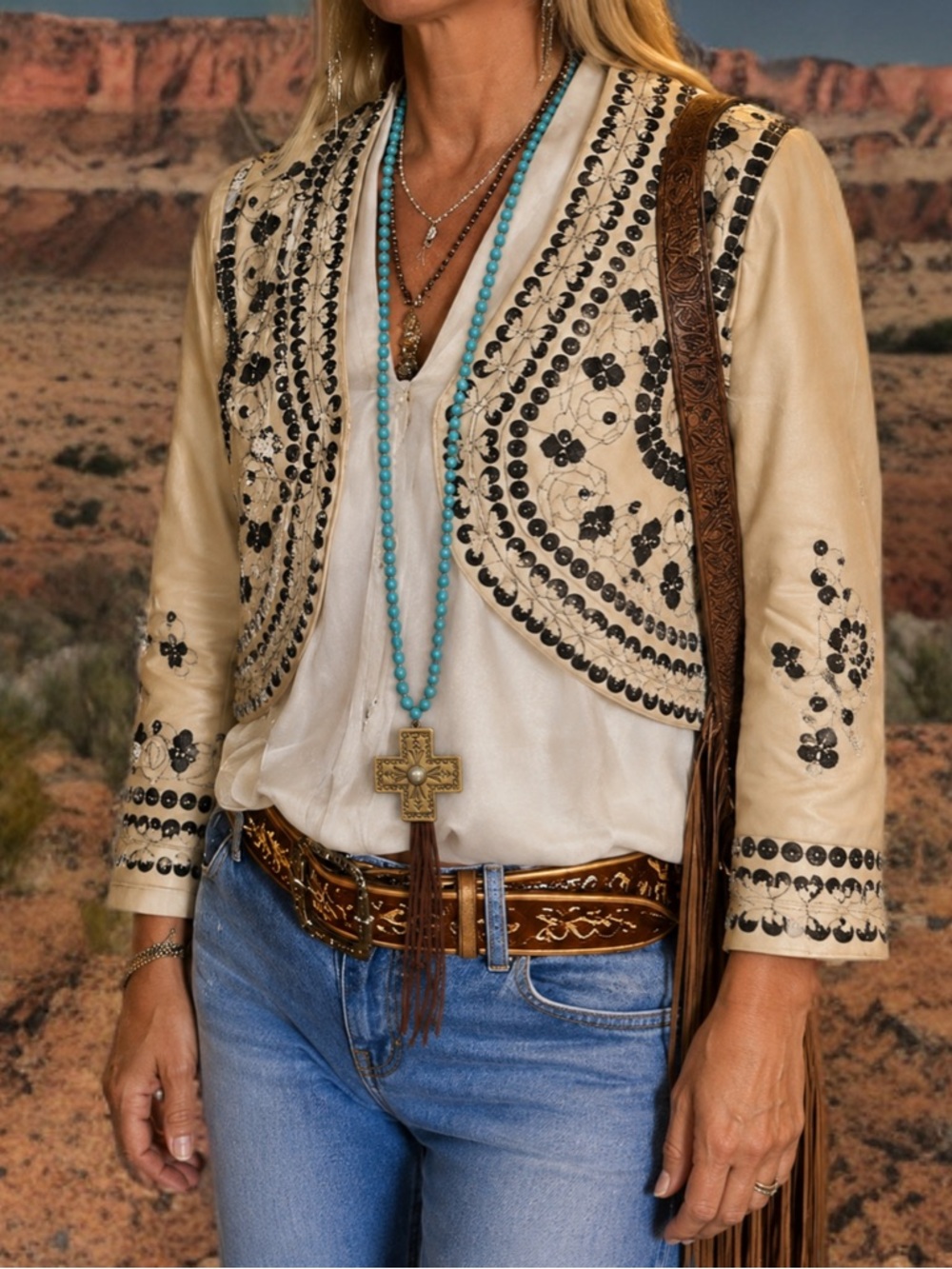 Turquoise Beaded, Gold Cross Pendant Necklace with Brown Leather Fringe 24” - Picture 1 of 5